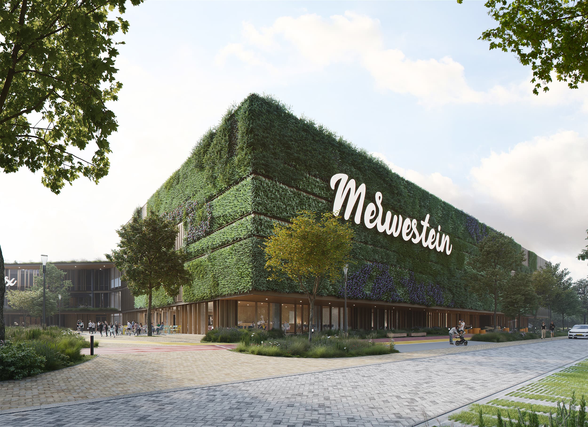 Voorkant gebouw met groene gevel