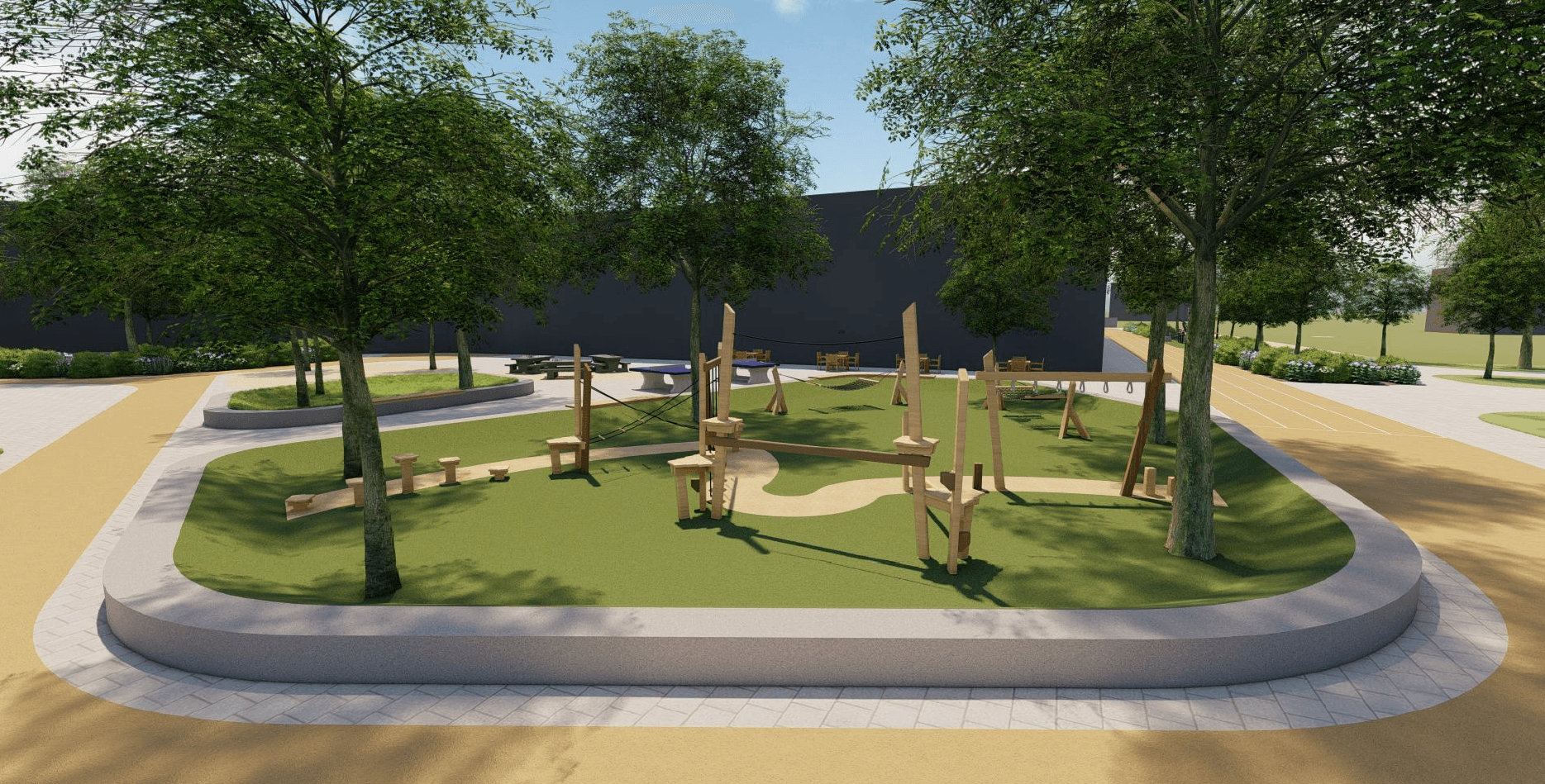 Voorbeeld impressie van voorzijde plein met houten elementen