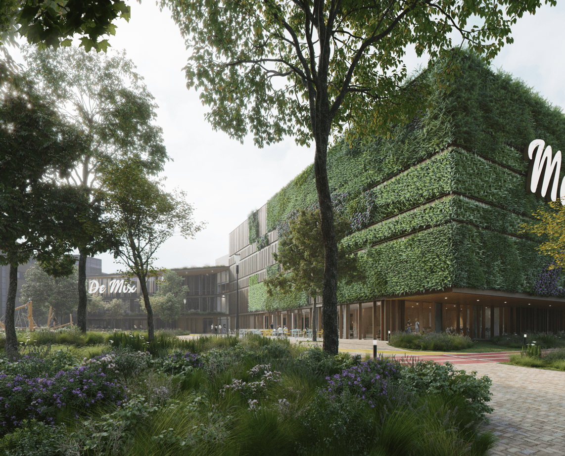 Impressie van de groene voorgevel en een groen gedeelte aan de plein kant
